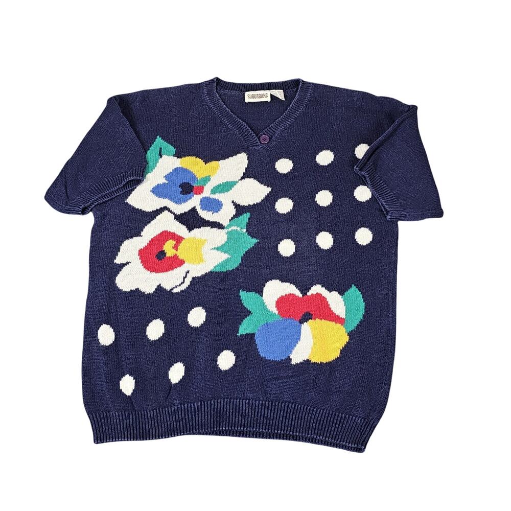 VTG 80s Suburbans short slve sweater size L blue primary color flowers art deco